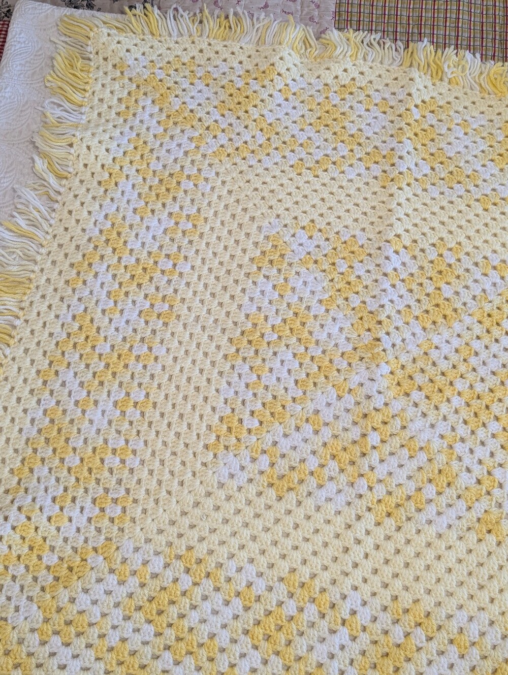 Vintage handmade crotched baby blanket fringe yellow white 33x33 unisex nursery